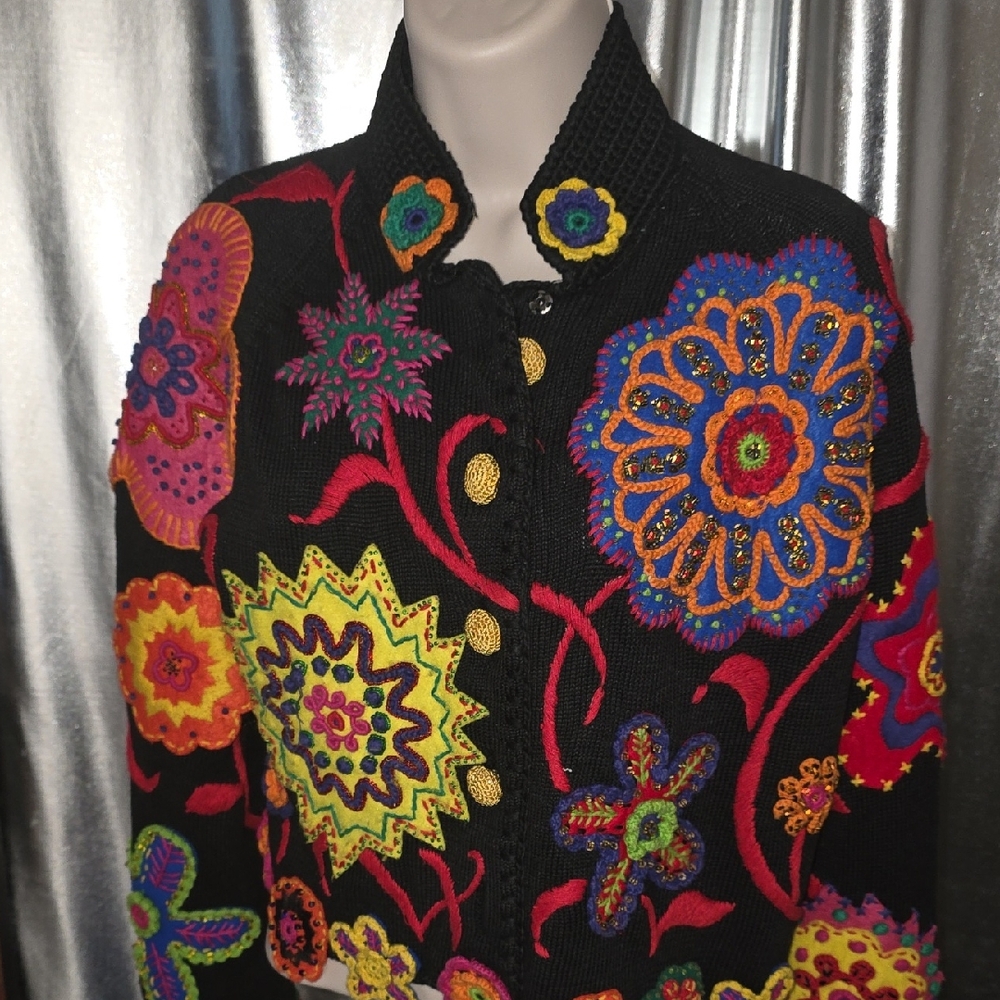 Michael Simon Sweater with Multicolor Floral Embroidery w/ free beautiful tote